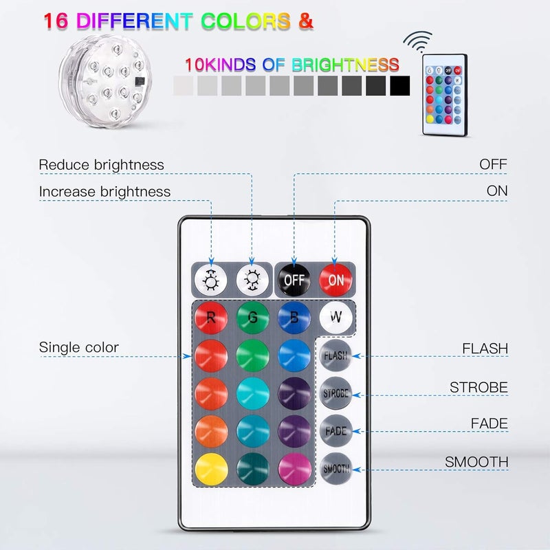 YiaMia أضواء سبوت LED تعمل بالبطارية قابلة للغمر مع جهاز تحكم عن بعد، مصابيح صغيرة مزخرفة لوعاء السمك لقاعدة الأكواريوم، بركة، زفاف، حفلة هالوين (4 عبوات) - Image 5